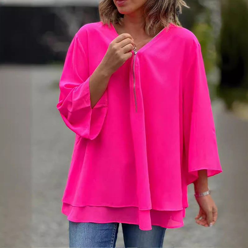 Mediva™ | Chiffon Zipper Top With V-neck