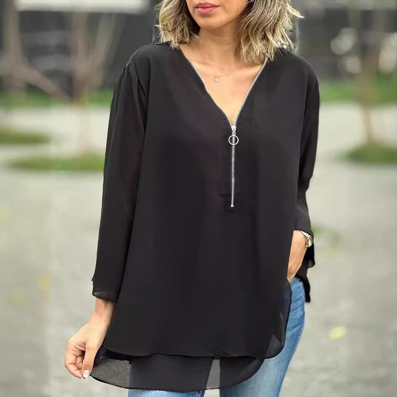 Mediva™ | Chiffon Zipper Top With V-neck